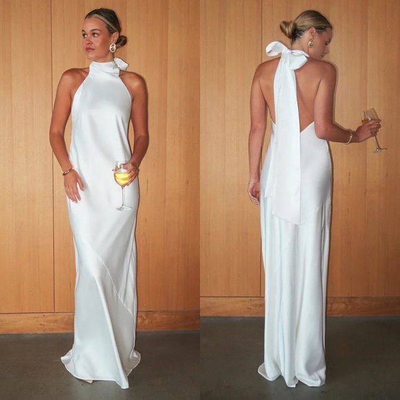 Show Me Your Mumu Lisa Bow Halter Maxi Dress Ivory Luxe Satin - Picture 1 of 11